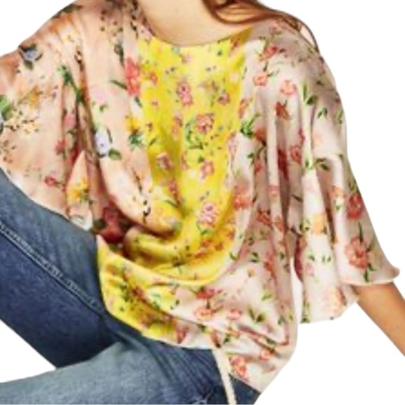 Zara Satin Floral Blouse Size Small Kimono Flutter Sleeves Spring Coquette - Picture 4 of 12